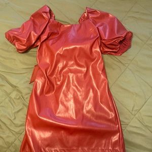 Red faux leather mini dress size medium Anthropologie bow tie in back
